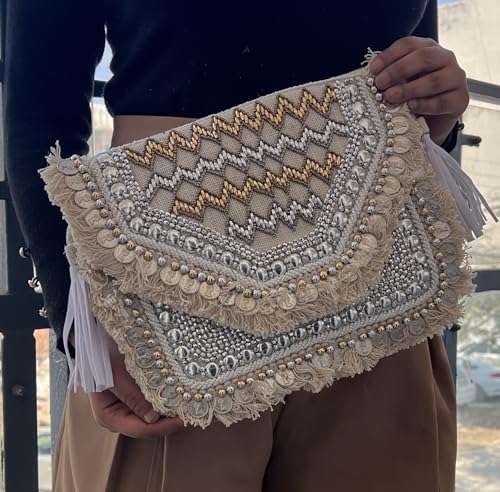Handcrafted Boho Clutch Purse, Beaded Geometric Pattern with Fringe, Crossbody Evening Bag - color: Taupe and Gold