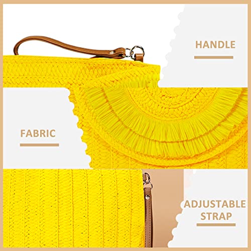 Crossbody Bags for Women, Straw Clutch Purses, Bohemian Handmade Woven Envelope Package, Tassel Handbags for Women | Bohemian - color: Yellow