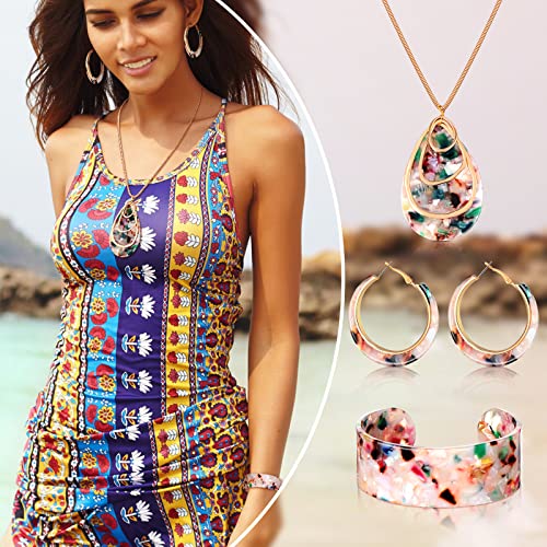 Kenning 4 Pcs Boho Jewelry Set for Women Summer Earrings Necklace Set with Bracelet Colorful Acrylic Statement Jewelry - style: Water Drop