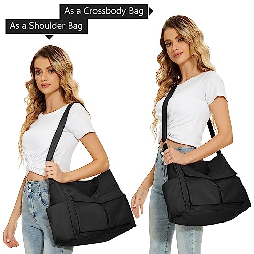 KALIDI Canvas Tote Bag Large Hobo Crossbody Shoulder Handbag Zipper Messenger Bag for Women or Men Casual College Work - color: Upgraded Black
