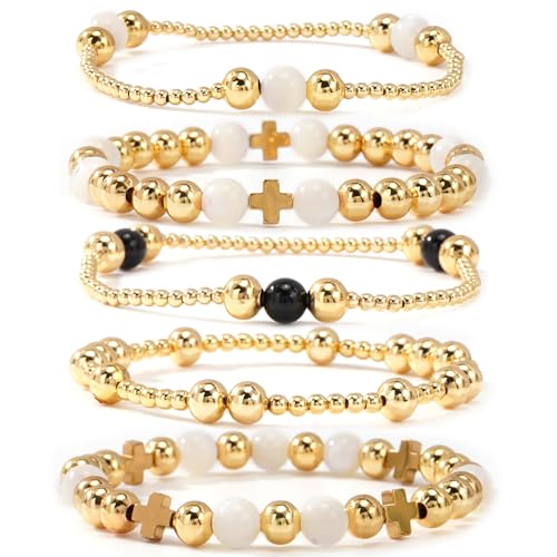14K Gold Plated Beaded Bracelets Stack Set for Women,Stretch Boho Colorful Beads Ball Jewelry Friendship Summer Trendy - color: Black