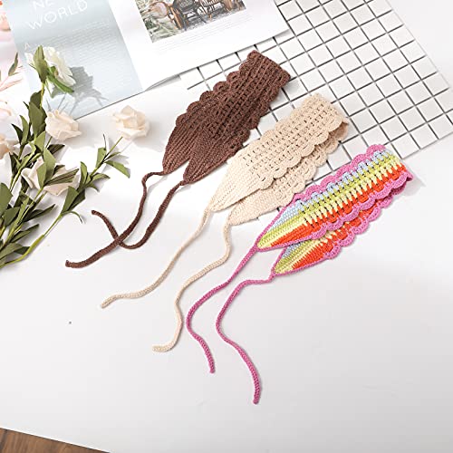 CHLINS Hairband, 3PCS Crochet Headband Women Floral Hairband - Elastic Handmade Crochet Head Wrap Bohemian knit Headband for Women and Girls(Rainbow, Beige, Dark Coffee) - color: Rainbow+Beige+Dark Coffee