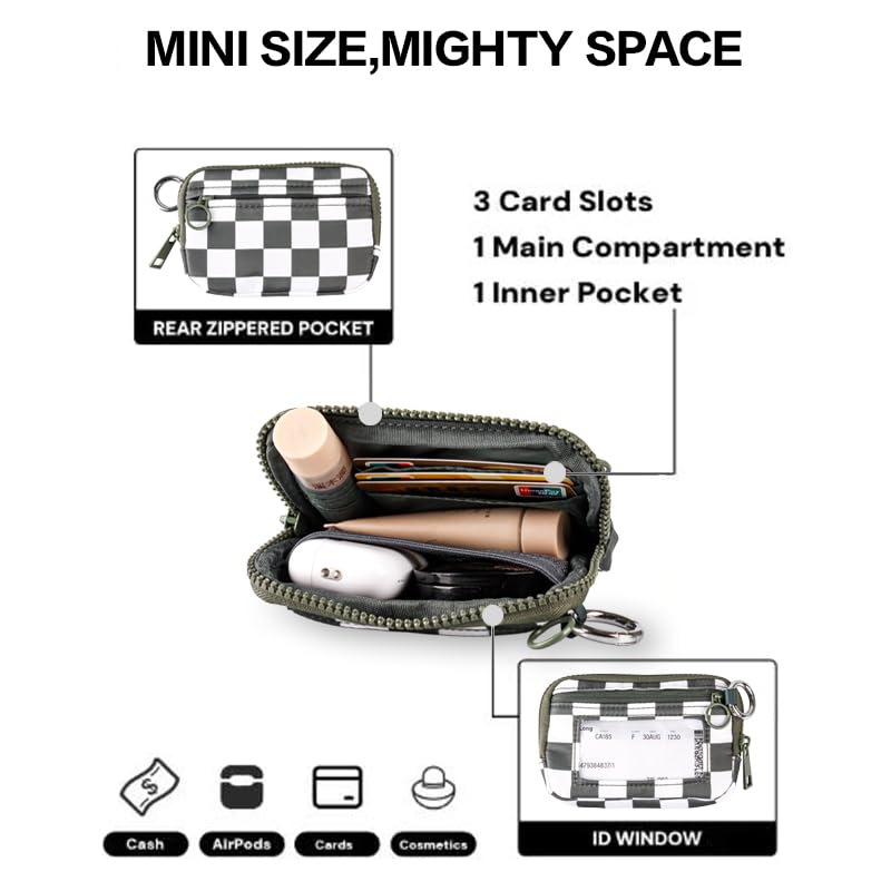 Wristlet Wallet for Women Mini Zip Card Case with Clear ID Window Zipper Coin Purse Lightweight Portable Keychain Wallet - color: Teal Gray Lattice