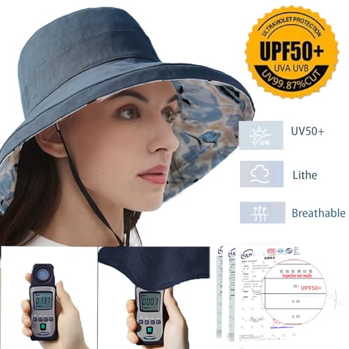 vidsel Womens Sun Hats Wide Brim Reversible Bucket Cotton Hat Packable Summer Travel Cap with Hat Clip,UV Protection - color: Navy Blue, size: Medium