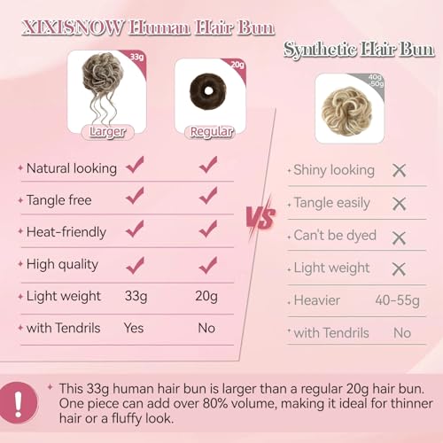 Real Human Hair Messy Bun Piece for Women, Tousled Updo Hairpieces, Curly Wavy Buns Extension Scrunchie with Tendrils, Natural Chignon Fake Hairbun for Daily Use, Medium Brown Mix White 33g - color: Medium Brown Mix White
