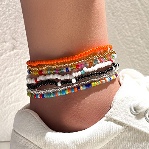 Rrdaily Boho Multilayer Handmade Beaded Anklets for Women,Elastic Adjustable Colorful String Anklets Beach Foot Jewelry (A)