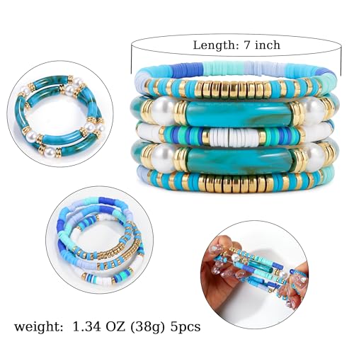 Elegance 11 designs colorful bracelets for women Surfer Thick Tube Heishi Summer Beach Beaded Stackable Boho Stretch Bracelets - color: Resin Blue