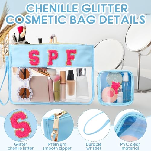 Hillban 2 Pcs Clear SPF Makeup Bag Chenille Letter Patch Sunscreen Bag Preppy Pouch Clear Cosmetic Toiletry Zipper Pouch Summer Beach Pool Sunscreen Purse - style: Spf Theme