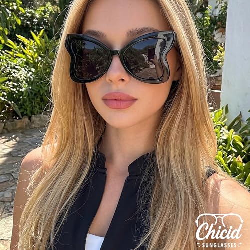 Chicid Oversized Butterfly Sunglasses for Women, Funky Sunglasses with UV400 Protection Non-Polarized Lenses - color: A04 Black Framen/Grey