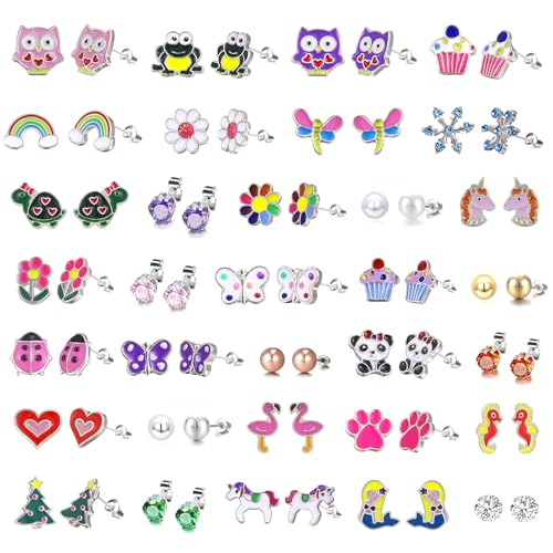 33 Pairs Stainless Steel Cartoon Earrings for Girls - Hypoallergenic Colorful Stud Earing Set, Mix & Match Cute Earring for Teens, Kids, Doll Dressup Accessories - style: Style A