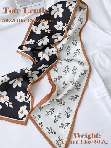 kcctoo 59" Mulberry Silk Like Head Scarf Women's Fashion Square Neck Satin Scarfs for Bag Hair Scarves Gift 59 * 5.9” - color: B005-black & White Camellia Silk Scarf