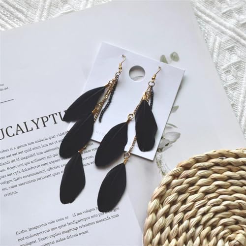 coadipress Boho Piercing Tassel Feather Long Chain Earrings Retro Lightweight Native Feather Dangle Drop Earrings for Women Bohemian Handmade Natural Feathers Earring Jewelry - color: Black