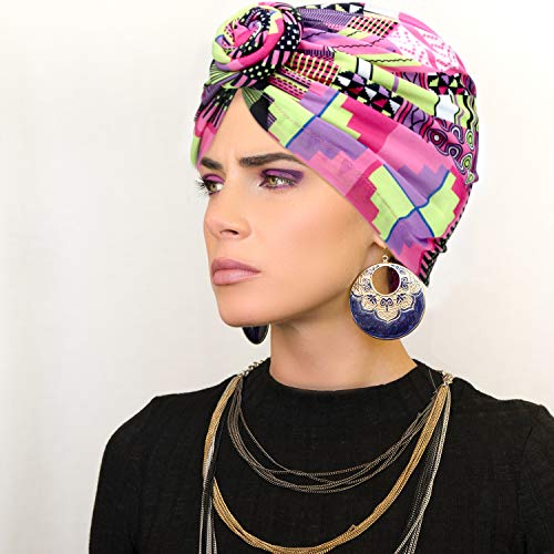 SATINIOR 4 Pieces African Pattern Headwrap Pre-Tied Bonnet Turban Knot Beanie Cap Headwrap Hat - style: Strips Geometry Style