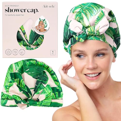 Kitsch Luxury Shower Caps for Women Reusable Waterproof - Large Shower Cap for Women and Men, Non-slip, Quick-dry Hair Cap for Long & Short Hair, Comfortable and Stylish Design - Palm Leaves - color: Palm Leaves