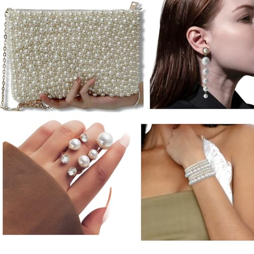 Geiomoo Pearl Purses with Chain, Stacking Rings, Tassel Earrings, Crossbody Beaded Evening Shoulder Bag for Women
