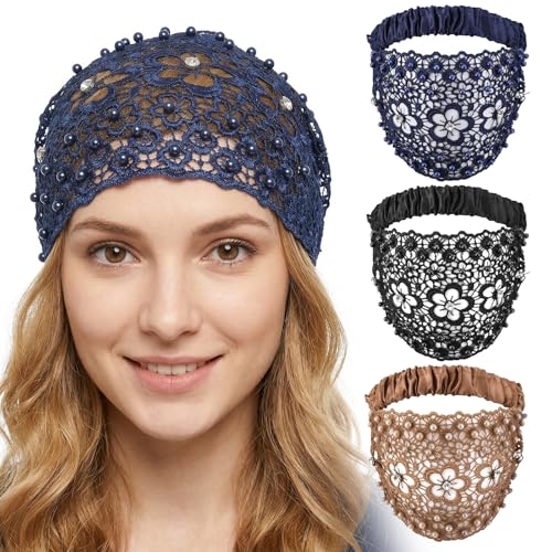 cobee 3 Pcs Elegant Lace Headbands for Women, Wide Boho Head Wrap with Rhinestone Beads Elastic Vintage Crochet Headbands Stretch Turban Hair Accessories for Women Various Holidays Yoga Wedding