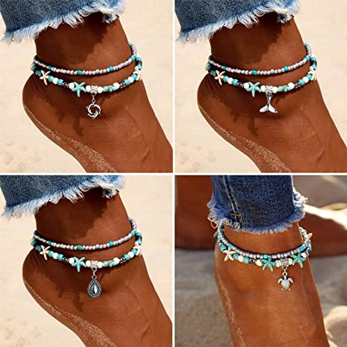 Suyi 5pcs Ankle Bracelets for Women Layered Beach Adjustable Anklets Boho Chain Anklet Foot Jewelry - color: 5pcs Set 5