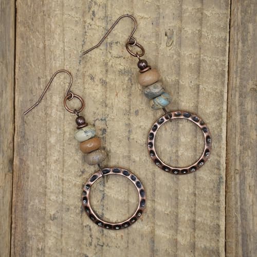 Boho Earrings for women, Hammered Copper Earrings, Bohemian Beaded Gemstone Rustic Jewelry, African Opal Earrings Handmade - style: Hammerd Hoop