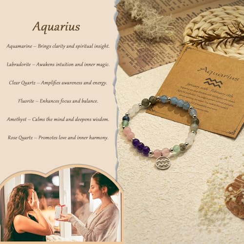 Zodiac Natural Stone Bracelet – Handmade Crystal Healing Bracelet with Zodiac Charm – Adjustable Beaded Jewelry Gift for Women Men Girls - color: Aquarius