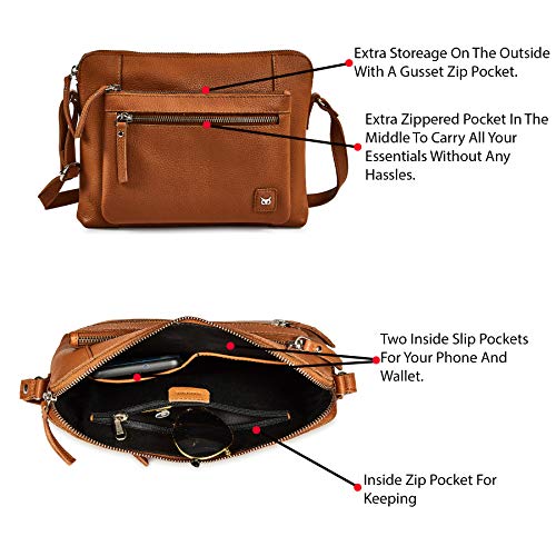 Leather Crossbody Bags for Women Small Soft Genuine Pebbled Sling Shoulder Handbag Crossover Purse with Full Adjustable Strap (Cognac Nappa) - color: Cognac Nappa