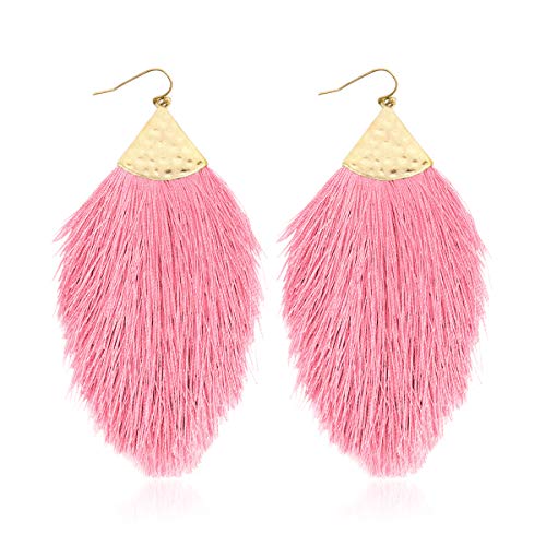 Bohemian Silky Thread Fan Fringe Tassel Statement Earrings - Lightweight Strand Feather Shape Dangles - color: Feather Fringe - Pink