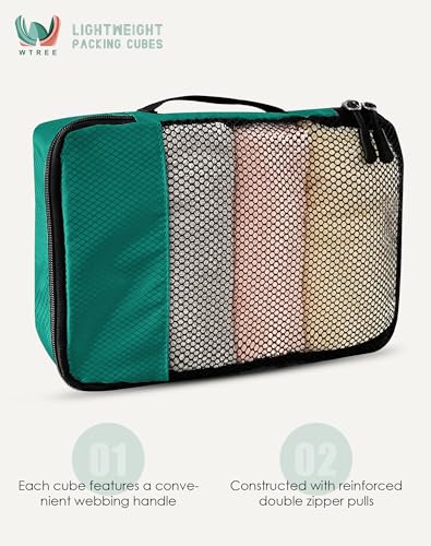 WTREE 4-Piece Packing Cubes Travel Accessories Set for Suitcases - Luggage Organizer Bags with Double Zipper - Mesh Top - Small/Medium/Large/Slim - Green - color: Green, size: Slim, Small, Medium, Large