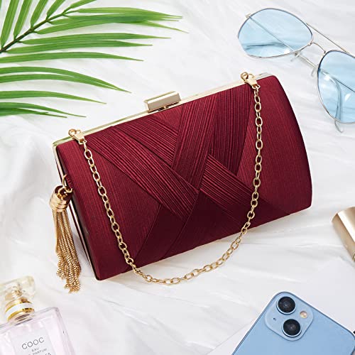 Women Clutch Bag Evening bag Fringed Evening Handbag,Lady Party Wedding Clutch Purse Chain Shoulder Cross Body Bag - color: Wine Red