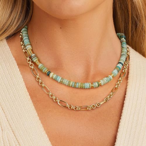 KissYan Boho Beaded Choker Necklace for Women, Gemstone Choker Natural Stone Freshwater Pearl Surfer Necklaces 14K Gold Plated Summer Beach Handmade Jewelry - color: B-Green Aventurine
