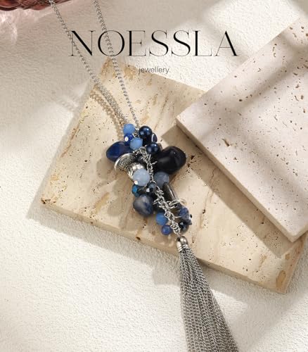 Noessla Boho Long Pendant Necklaces for Women Silver Tassel Long Necklace Sweater Chain Mothers Day Gifts Silver Costume Jewelry for Women - color: Dark Blue