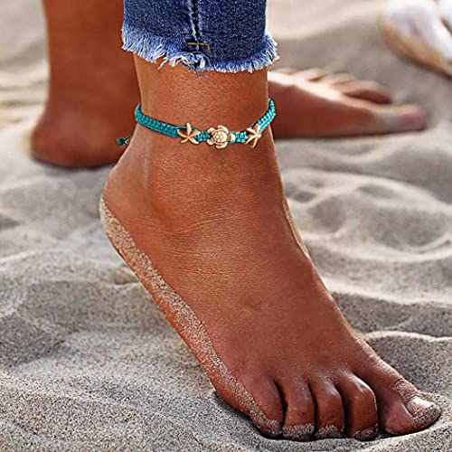 Yokawe Boho Turtle Anklets Bracelets Blue Starfish Summer Beach Waterproof Barefoot Sandals Jewelry for Women