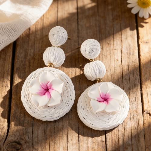 Boho Raffia Ball Earrings for Women, Handmade Statement Drop Earrings Straw Dangle Earrings Beach Vacation Jewelry - color: White flowers