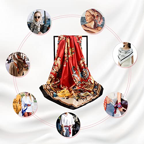 4Pcs Silk Head Scarves for Women Satin Hair Scarf 35”Large Square Bandana Silk Like Neck Scarf Shawl - color: Red/Blue/White/Beige