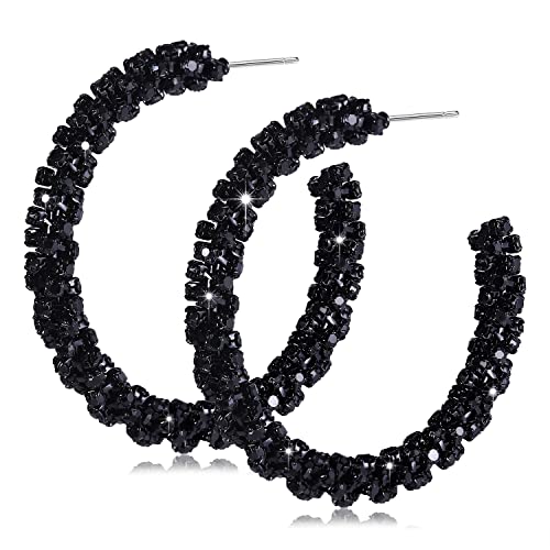 Rhinestone Hoop Earring for Women Sparkly Crystal Wrapped Hoop Dangle Earrings Statement Boho Gold Black Plated CZ Hoop Earring - color: A:Cool Black