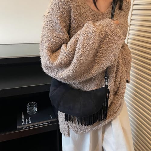 Women's Vegan Suede Fringe Crossbody Bag, Boho Crescent Shoulder Crossbody Purse, Retro Tassel Hippie Small Handbag Tote - color: Black