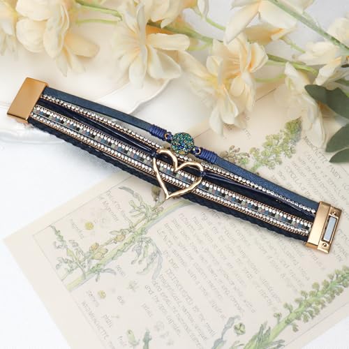 Leather Wrap Bracelet for Women, Boho Cuff Bracelet with Strong Clasp, Multi-Layer Crystal Leather Bracelet for Valentine Mother's Day - color: 01-Heart-Dark Blue