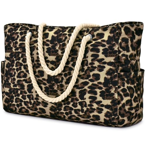 Becokan Beach Bag Large Beach Tote Bag for Women Waterproof Sandproof Swim Pool Bag With Zipper - color: Khaki Leopard