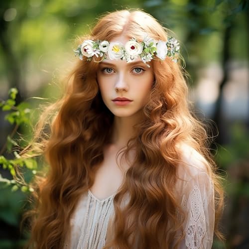 Vivivalue Women Flower Crown Flower Garland Headband Hair Wreath Floral Headpiece Halo Boho with Ribbon Wedding Party White - color: 69