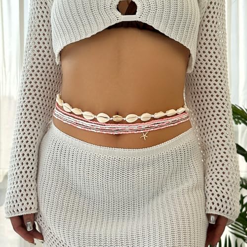 Boho Waist Beads Chains Set Colorful Summer African Belly Chain Elastic Waist Beads for Weight Loss Body Chains Bikini Beads Jewelry for Women - color: Pink 6pcs
