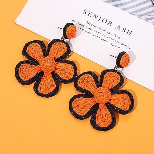 Rattan Earrings for Women Statement Boho Raffia Straw Wrapped Flower Drop Dangle Earrings Summer Tropical Beach Jewelry - color: Halloween Orange Black
