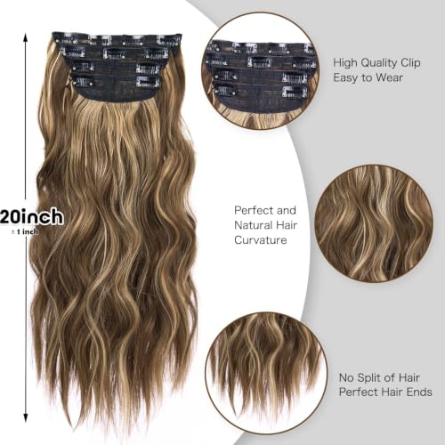 4PCS Clip in Hair Extensions Honey Blonde Mixed Light Brown 20 Inch Long Wavy Synthetic Hair Extensions (4pcs, 20Inch, 22H10#) - color: 22H10-Honey Blonde Mixed Light Brown