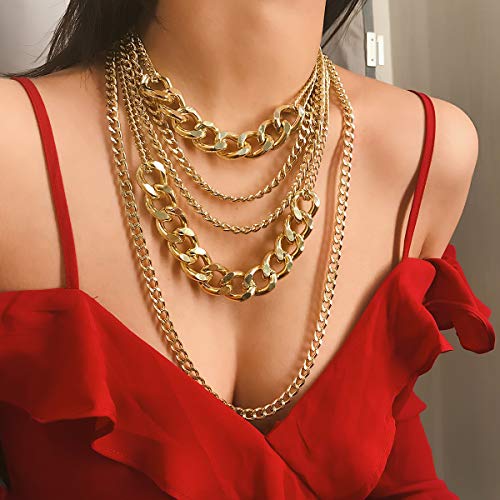 Gold Chunky Necklaces for Women Multi Layered Punk Gold Statement Necklaces Hip Hop Portrait Cuban Link Chain Necklace 90s Outfit Accessories - style: Style1