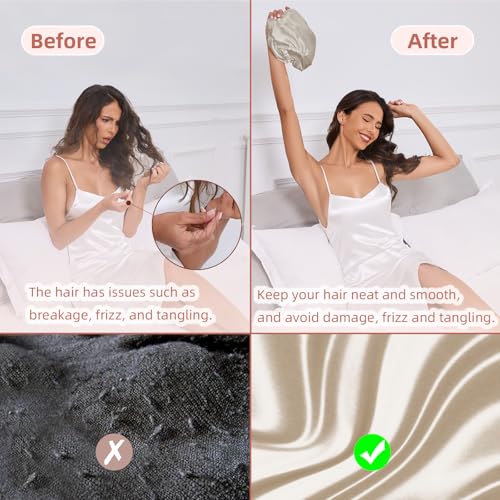 Adjustable Silk Satin Hair Bonnet for Sleeping Women, Double Layer, Silk Hair Wrap for Sleeping Women Men, Curly Natural Braid Straight Unisex - Champagne - color: Champagne