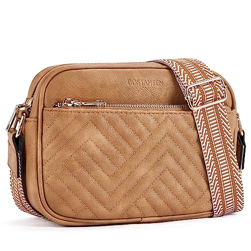 BOSTANTEN Quilted Crossbody Bags for Women Vegan Leather Purses Shoulder Handbags with Wide Strap - color: Camel Brown