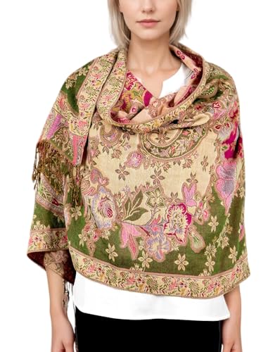 Achillea Elegant Paisley Floral Pashmina Shawl and Wrap – Boho Rave Scarf for Festival, Travel & Everyday Wear - color: Olive Rose