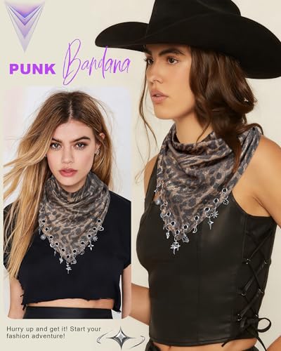 Punk Triangle Head Scarf with Metal Charms - Y2K Sparkly Bandana for Women | Vintage Neck Scarf for Festival Party Concert - color: Khaki Leopard