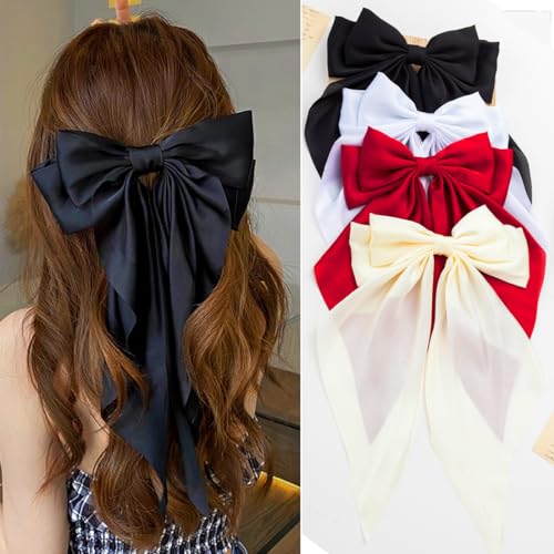 Hair Bows 4 PCS, Hair Bows for Women, Hair Ribbons, Oversized Long-tail Cute Aesthetic Hair Accessories, Large Hair Barrettes for Women, Bows for Girls (Wine red, off white, black, white)