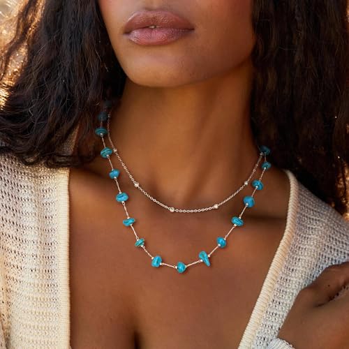 Created Turquoise Necklace for Women 14K Gold Plated Beaded Heart Choker Boho Necklaces Handmade Beach Summer Everyday Western Jewelry Gifts - color: Silver Chain, style: Irregular