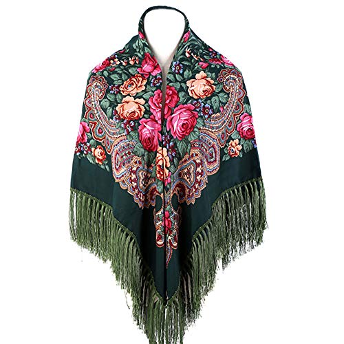 Gudessly Women's Traditional Scarf Wrap Tassel Fringes Neck Head Shawl Retro Scarf Floral Poncho Printing Square Cape 50inch - color: Dark Green