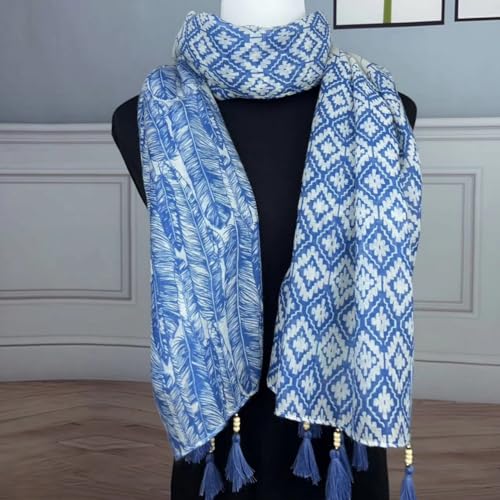 WaJuemy Travel Boho Scarf for Women Casual Lightweight Pashmina Scarves Fashion Multicolor Shawl Wraps with Fringed Beads - color: 01 Navyblue