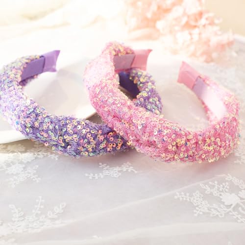 2 Pcs Sequin Knotted Headbands for Women Girls Glitter Sparkly Headbands Fashion Hair Accessories for Christmas Valentine’s Day (Pink and Purple)